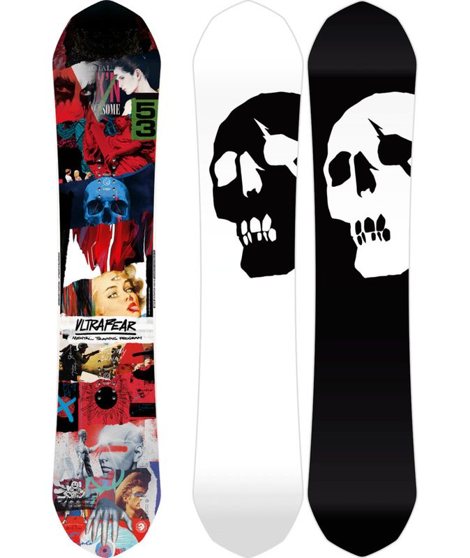 TOPSHEET AND BASE VIEW OF CAPITA MENS ULTRAFEAR SNOWBOARD WITH TRUE TWIN SHAPE AND EDGE DAMPENING