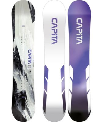 TOPSHEET AND BASE VIEW OF CAPITA MENS MERCURY SNOWBOARD WITH DIRECTIONAL SHAPE