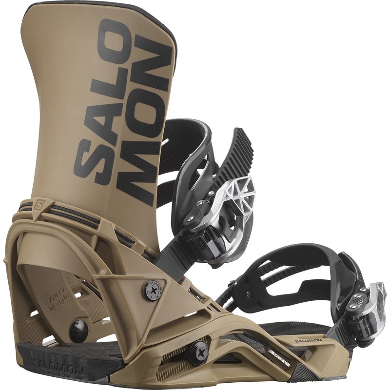 BACK VIEW OF SALOMON MENS DISTRICT SNOWBOARD BINDING WITH CONTROL AND ENERGY TRANSMISSION