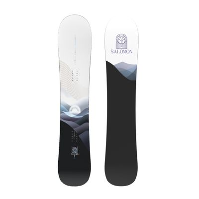 TOPSHEET AND BASE VIEW OF SALOMON WOMENS BELLEVUE SNOWBOARD WITH POWER