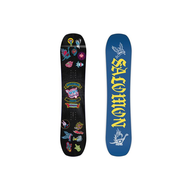 TOPSHEET AND BASE VIEW OF SALOMON YOUTH GRAIL SNOWBOARD WITH SAFETY