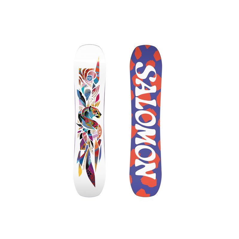 TOPSHEET AND BASE VIEW OF SALOMON YOUTH GRACE SNOWBOARD WITH SAFETY