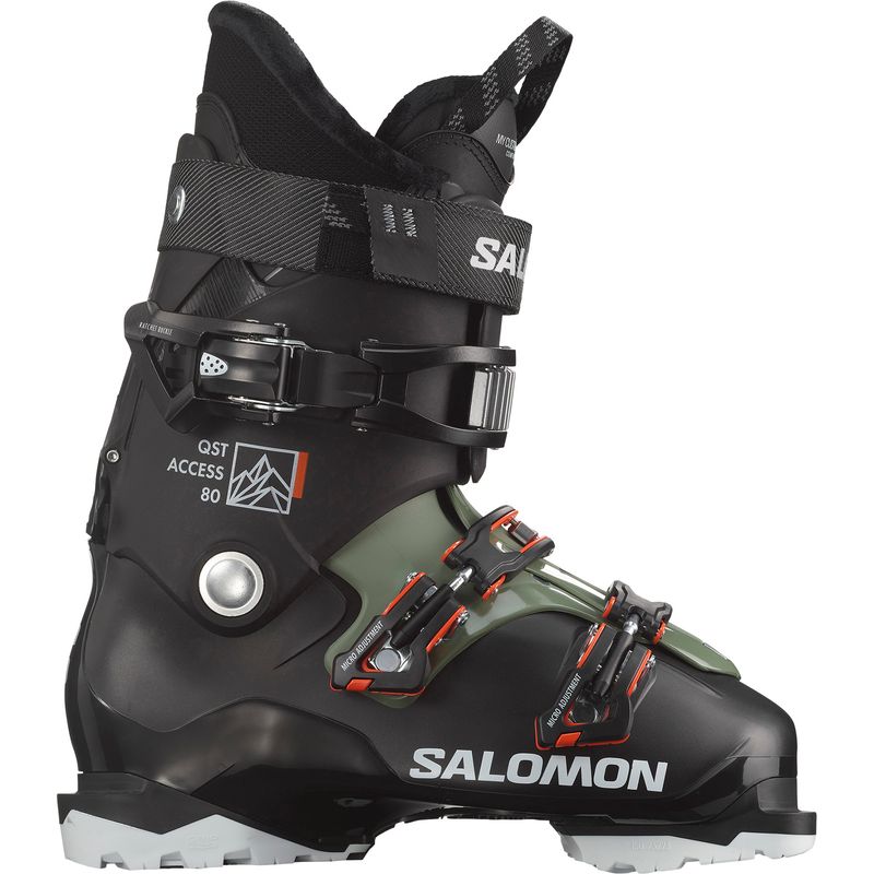 SIDE VIEW OF SALOMON MENS QST ACCESS 80 GW DOWNHILL SKI BOOT WITH HIKE &amp; RIDE FUNCTION