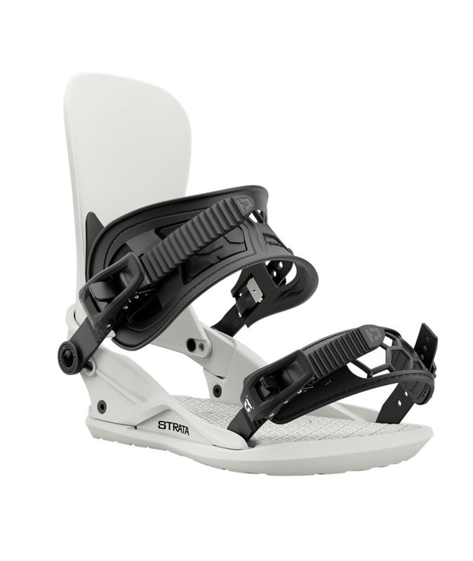 FRONT VIEW OF UNION MENS STRATA SNOWBOARD BINDING WITH SOFT FEEL AND SHOCK ABSORBING RIDE