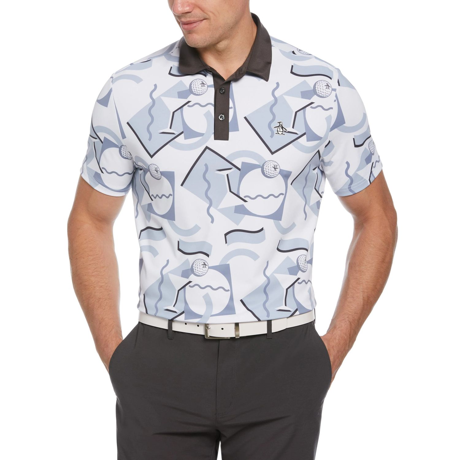 PENGUIN MENS ALL-OVER ABSTRACT 80&#39;S PRINT POLO 24, Color: BRIGHT WHITE, Size: SMALL