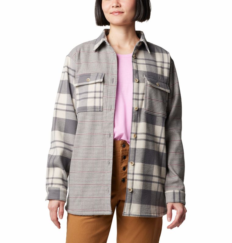 COLUMBIA WOMENS BLUE POINT CREEK™ FLANNEL LONG SLEEVE SHIRT 25, Color: CITY GREY RIVER CROSSING PLAID, Size: XS