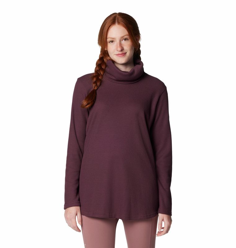 FRONT VIEW OF COLUMBIA WOMENS HOLLY HIDEAWAY™ WAFFLE COWL NECK LONG SLEEVE SHIRT WITH SWEAT WICKING