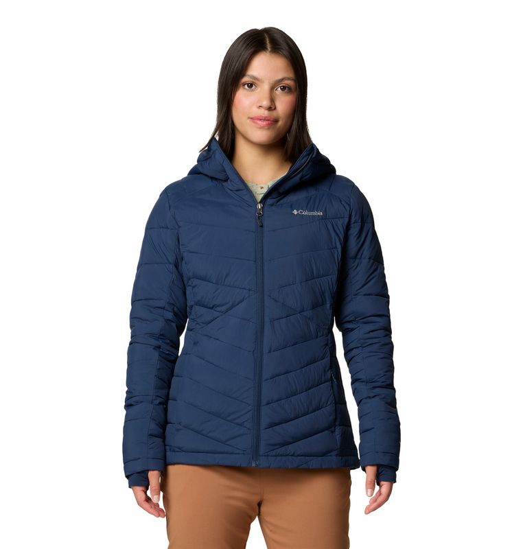 FRONT VIEW OF COLUMBIA WOMENS JOY PEAK™ II HOODED WINTER JACKET WITH MEDIUM WARMTH