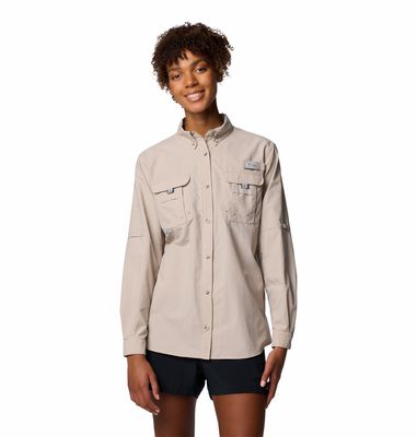 FRONT VIEW OF COLUMBIA WOMENS BAHAMA™ II LONG SLEEVE SHIRT WITH UPF 50 AND ROD-HOLDER LOOP