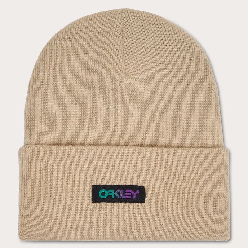 FRONT VIEW OF OAKLEY UNISEX B1B GRADIENT PATCH BEANIE WINTER HAT WITH WARMTH AND CLASSIC STYLING