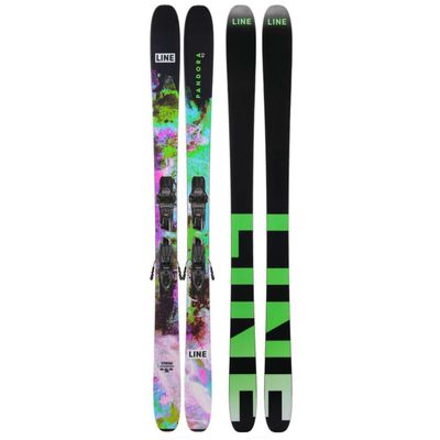 TOPSHEET AND BASE VIEW OF LINE UNISEX PANDORA 92 QUIKCLIK DOWNHILL SKIS WITH LIGHTWEIGHT FEEL
