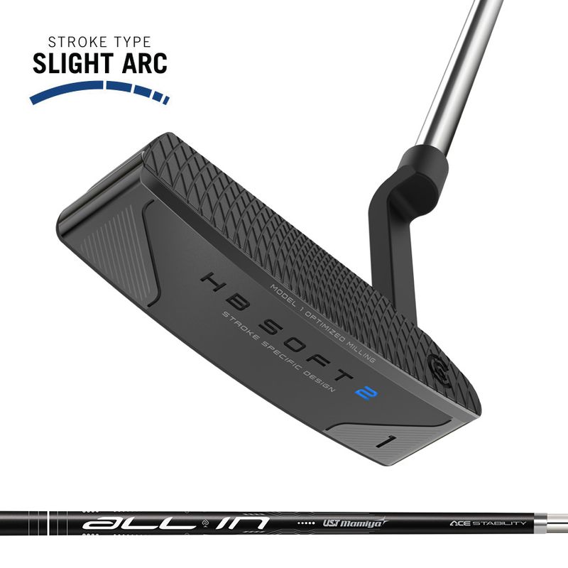 FRONT VIEW OF CLEVELAND UNISEX HB SOFT 2 BLACK #1 PLUMBERS NECK PUTTER WITH PREMIUM FINISH