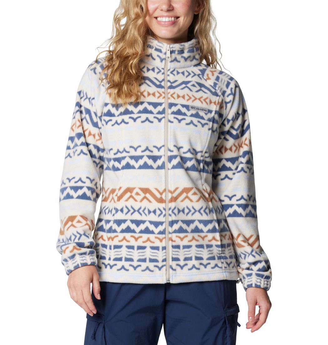 MAIN IMAGE OF COLUMBIA WOMENS BENTON SPRINGS™ PRINTED FULL ZIP SWEATER IN STONE MEDIUM MADRAS SMALL