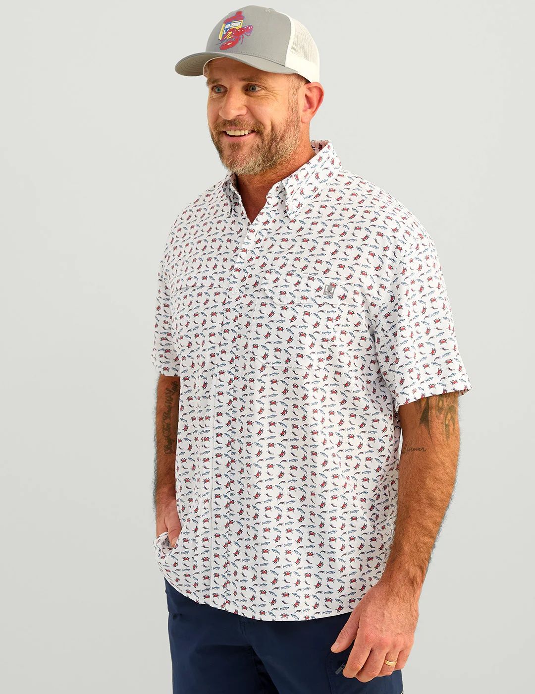MAIN IMAGE OF HUK MENS TIDE POINT PRINTED BUTTON-DOWN SHORT SLEEVE SHIRT IN CHANNEL MARKER SMALL