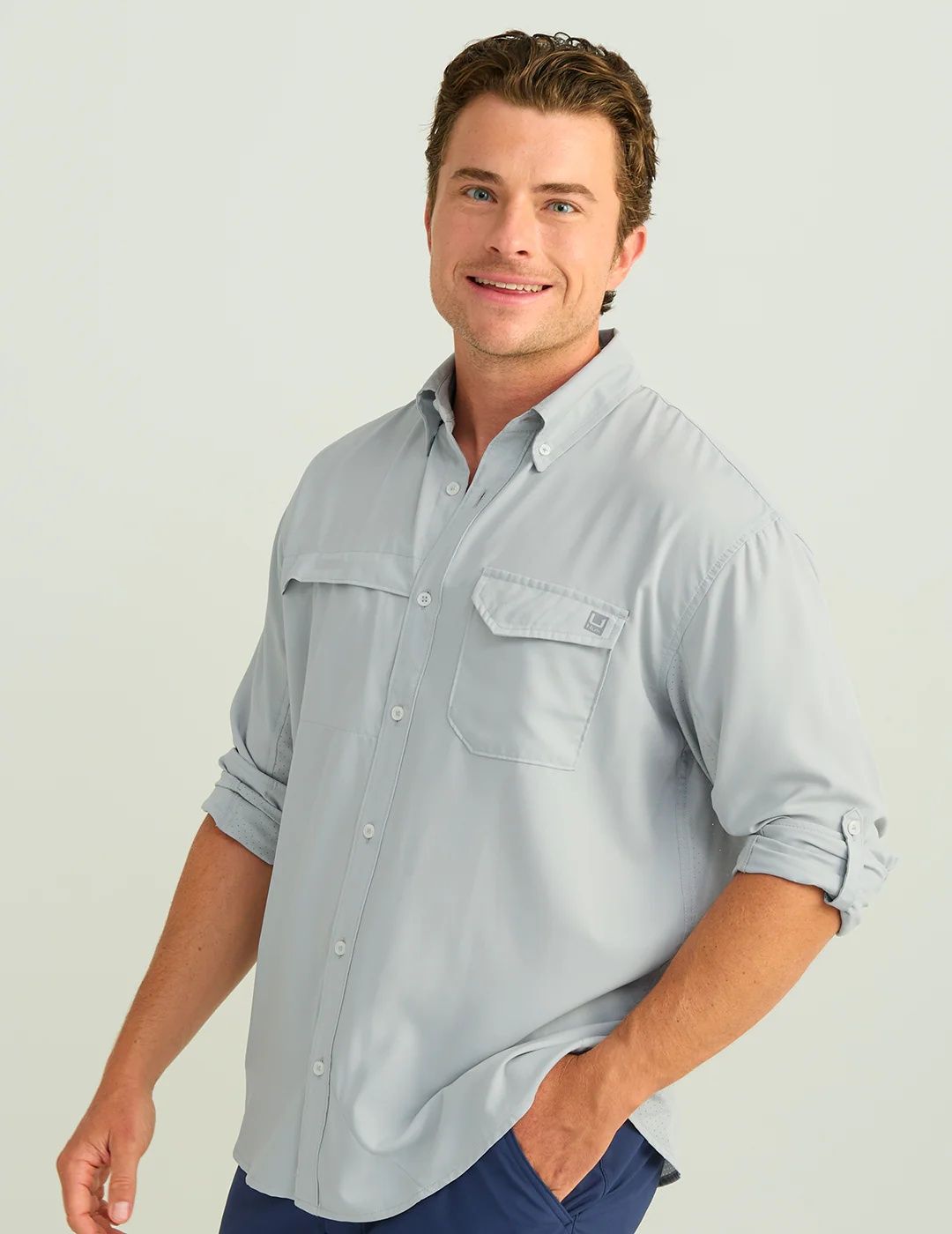 MAIN IMAGE OF HUK MENS TIDE POINT BUTTON-DOWN LONG SLEEVE SHIRT IN HARBOR MIST SMALL