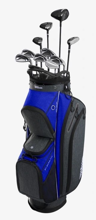 MAIN IMAGE OF WILSON MENS 12-PIECE PLAYER FIT STAND BAG SET IN BLACK/BLUE/WHITE RIGHT STIFF STEEL