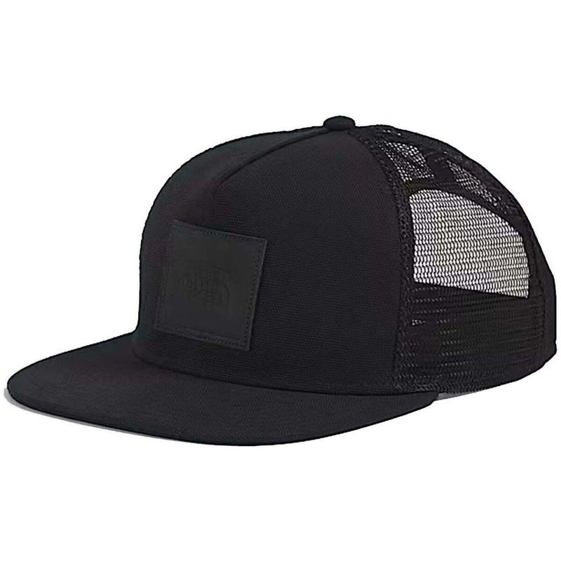 FRONT VIEW OF THE NORTH FACE UNISEX HALF DOME TRUCKER CAP WITH FLAT BRIM AND ADJUSTABLE SNAPBACK