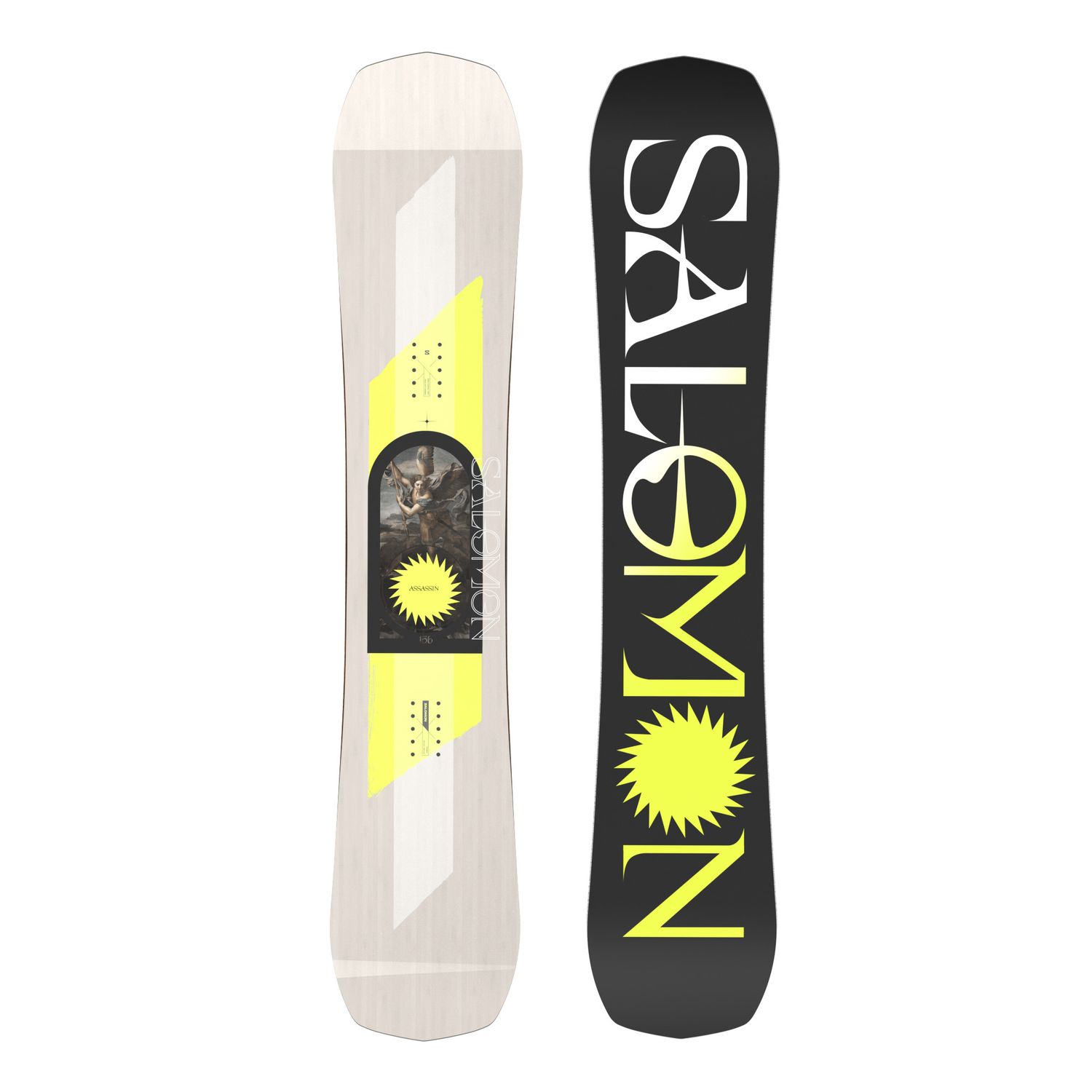 SALOMON MENS ASSASSIN SNOWBOARD 24, Color: CREAM/YELLOW/BLACK, Size: 153