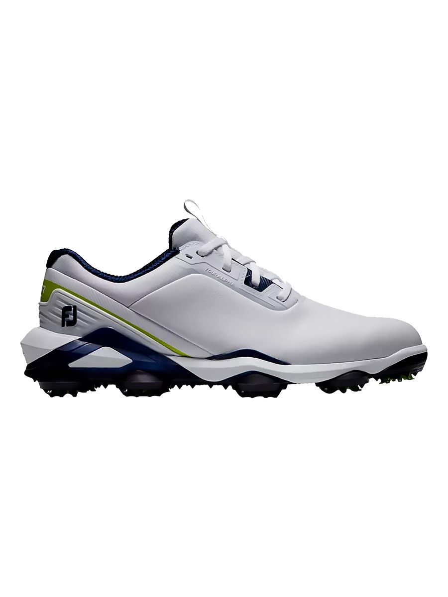 FOOTJOY MENS TOUR ALPHA CLEATED LACED GOLF SHOES 24, Color: WHITE/NAVY/LIME, Size: 9