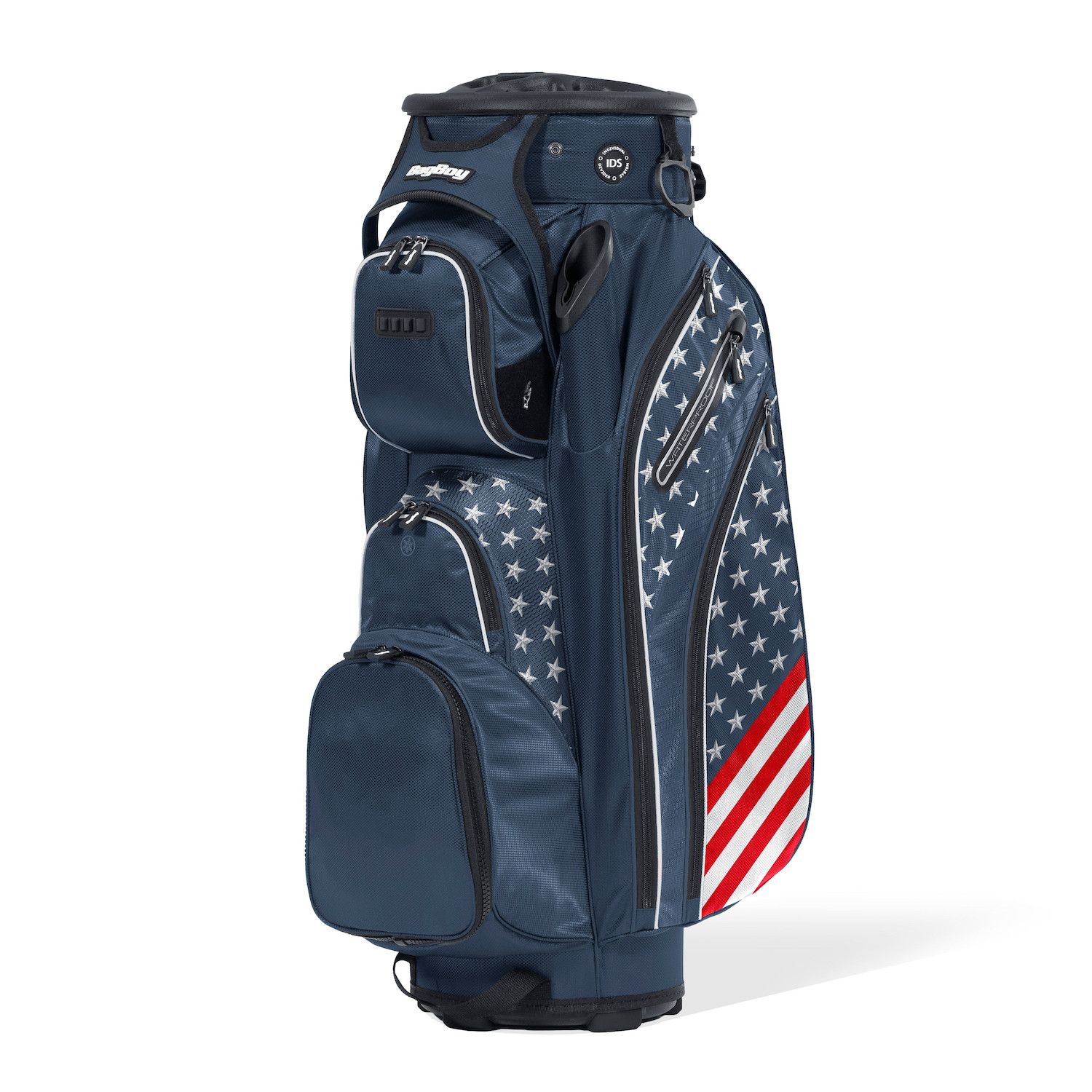 MAIN IMAGE OF BAG BOY UNISEX REVOLVER XP 14-WAY CART BAG IN NAVY/USA WITH SUPERIOR ORGANIZATION