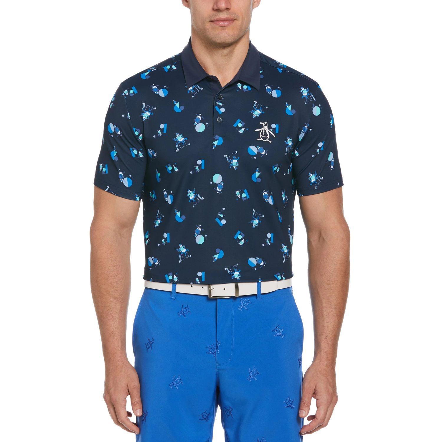 PENGUIN MENS ALL-OVER MEMPHIS PETE NOVETLY POLO 24, Color: BLACK IRIS, Size: SMALL