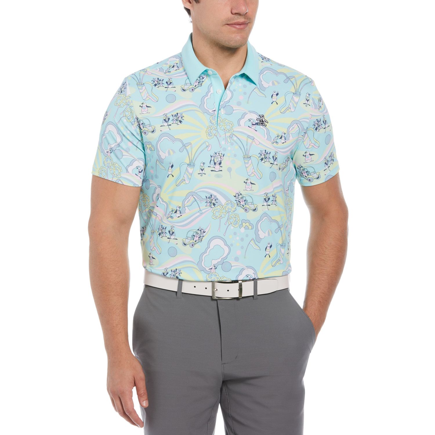 PENGUIN MENS 60&#39;S HERITAGE PRINT POLO 24, Color: TANAGER TURQUOISE, Size: XL