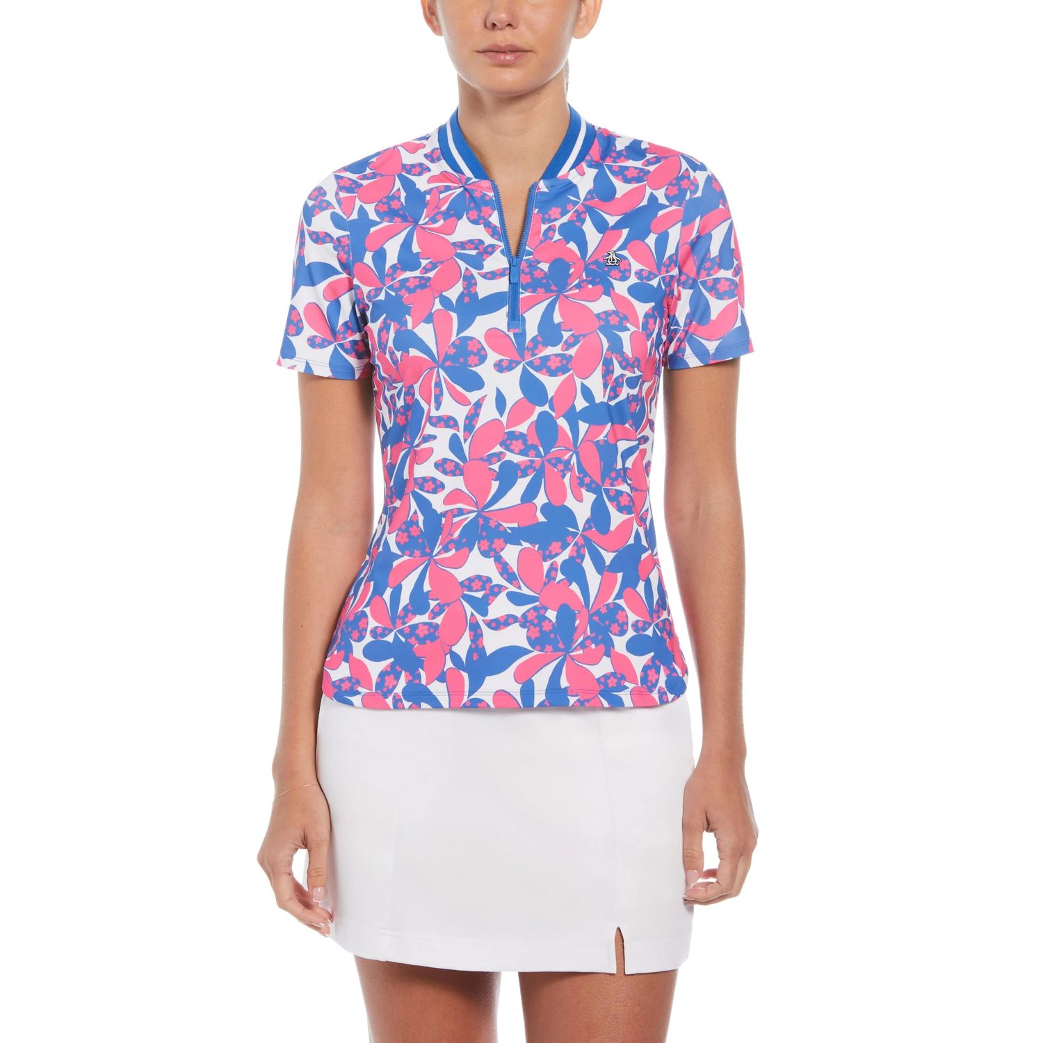 PENGUIN WOMENS FLORAL PRINT WITH STRIPED RIB MOCK NECK POLO 24, Color: CHEEKY PINK, Size: XS
