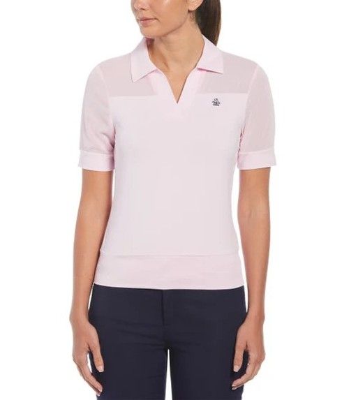 PENGUIN WOMENS 1/2-SLEEVE MESH BLOCKED POLO 24, Color: GELATO PINK, Size: XS