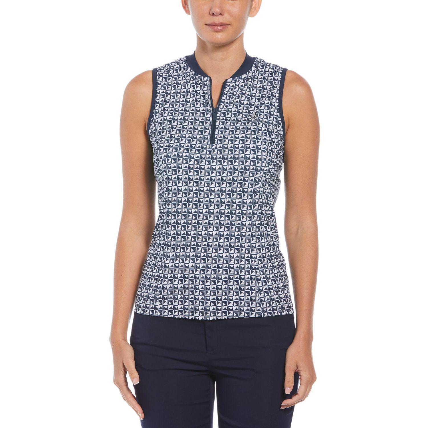 PENGUIN WOMENS SLEEVELESS GEO PRINTED POLO 24, Color: BLACK IRIS, Size: XS
