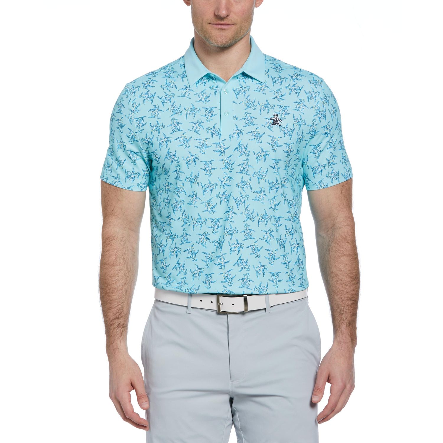 PENGUIN MENS ALL-OVER 60&#39;S FLORAL PETE PRINT POLO 24, Color: TANAGER TURQUOISE, Size: SMALL