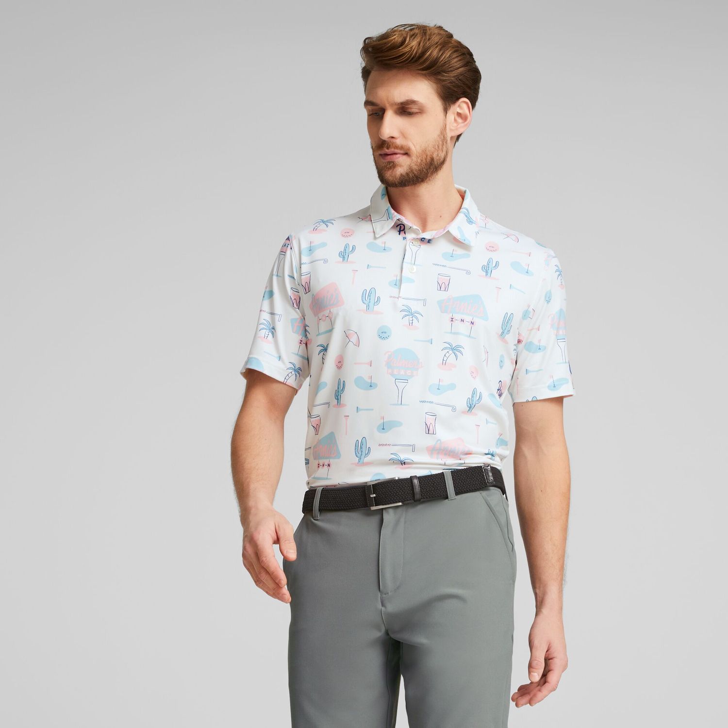 PUMA MENS ARNOLD PALMER CLOUDSPUN PALMER&#39;S PLACE POLO 24, Color: BRIGHT WHITE/PALE PINK, Size: LARGE