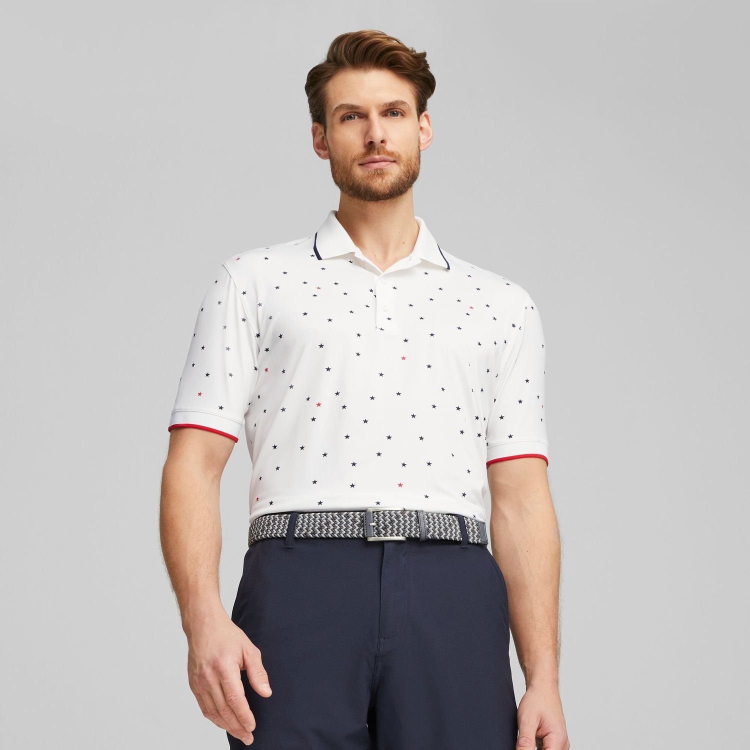 PUMA MENS VOLITION SKYLIGHT POLO 24, Color: BRIGHT WHITE/NAVY BLAZER, Size: SMALL
