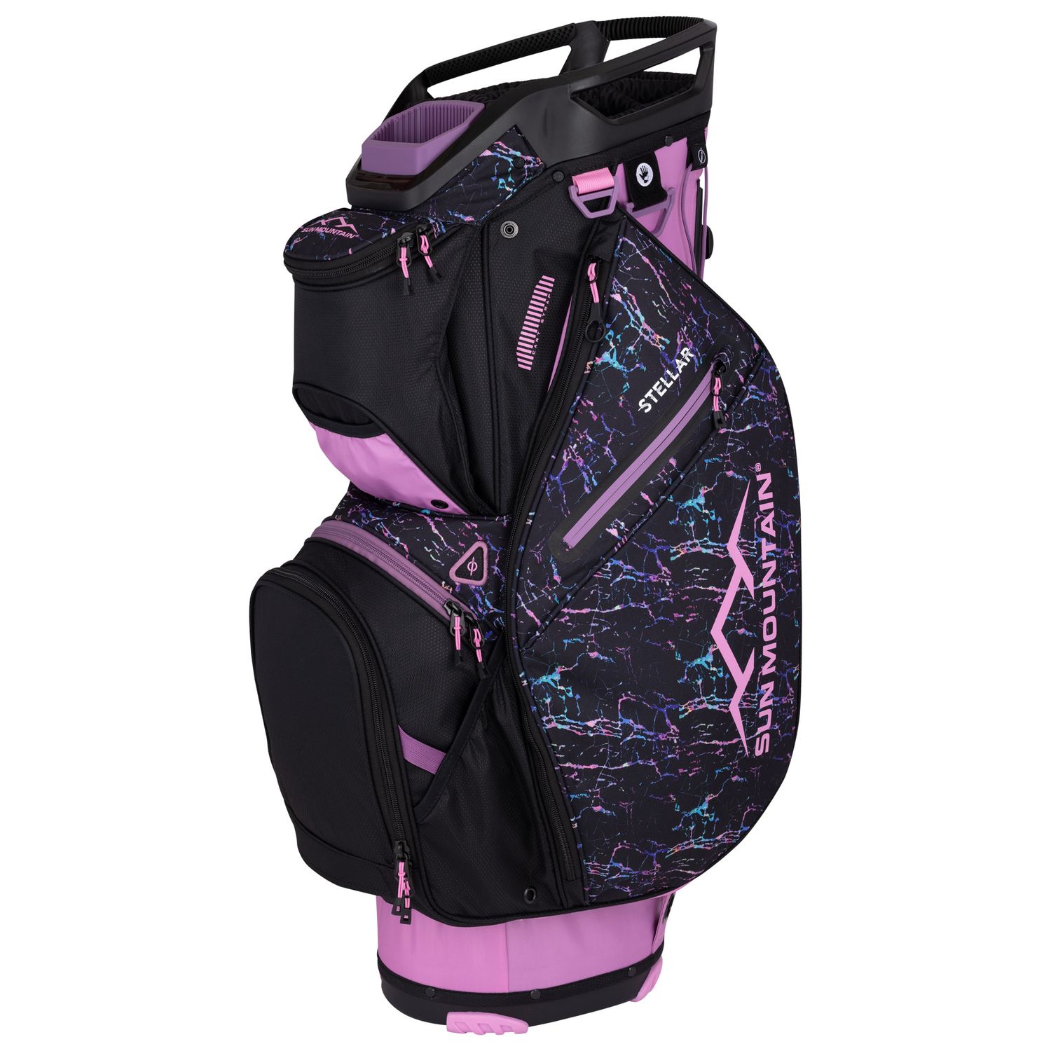 MAIN IMAGE OF SUN MOUNTAIN WOMENS STELLAR 14-WAY CART BAG IN PINK/STATIC/BLACK WITH EASY TRANSPORT
