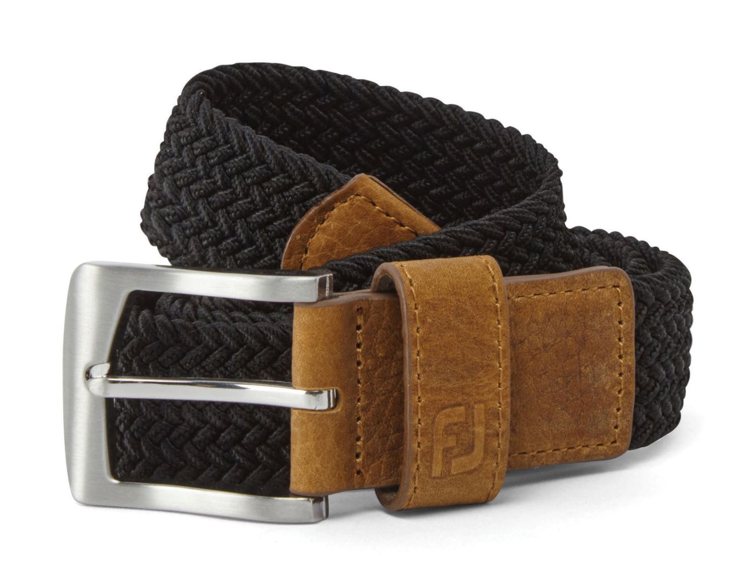 MAIN IMAGE OF FOOTJOY MENS WOVEN BELT IN BLACK LONG WITH LEATHER TABS AND CLASSIC WOVEN STYLE