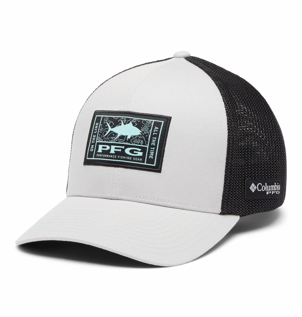 MAIN IMAGE OF COLUMBIA UNISEX PFG PATCH™ MESH BALL CAP IN COOL GREY/BLACK/ON THE LINE TUNA L/XL