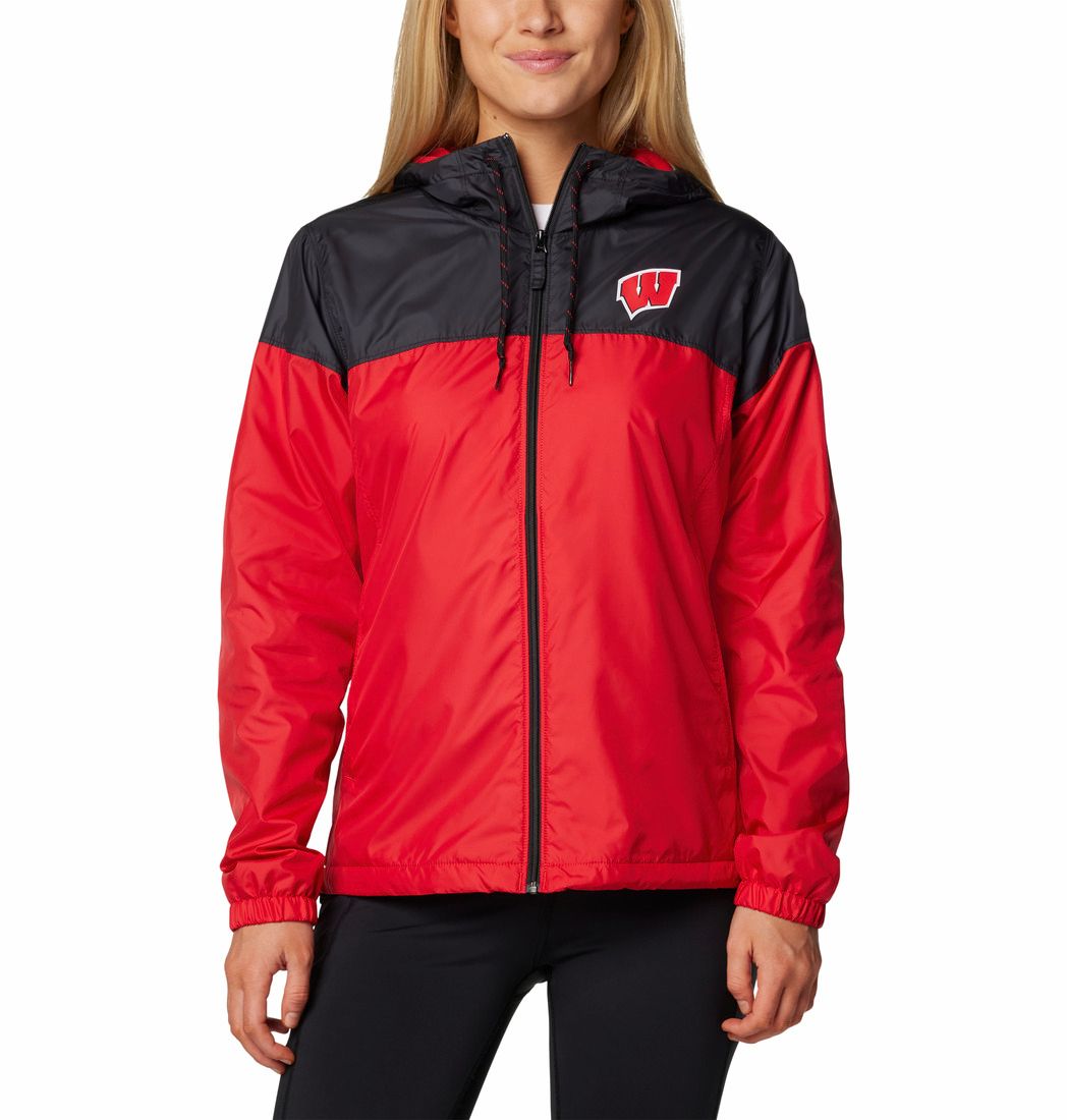 MAIN IMAGE OF COLUMBIA WOMENS CLG FLASH FORWARD™ II LINED WINDBREAKER IN WISCONSIN BLACK/RED SMALL