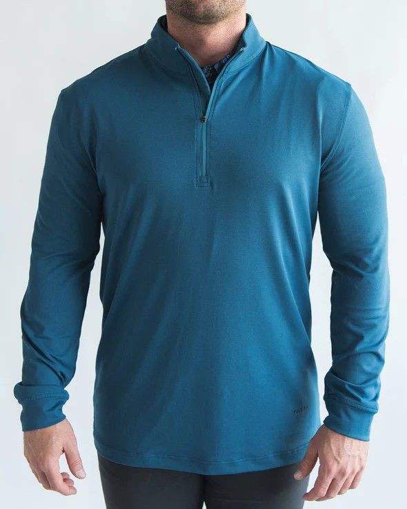 MAIN IMAGE OF YATTA MENS OCEAN BLUE QUARTER ZIP SWEATER IN OCEAN BLUE MEDIUM WITH 4-WAY STRETCH