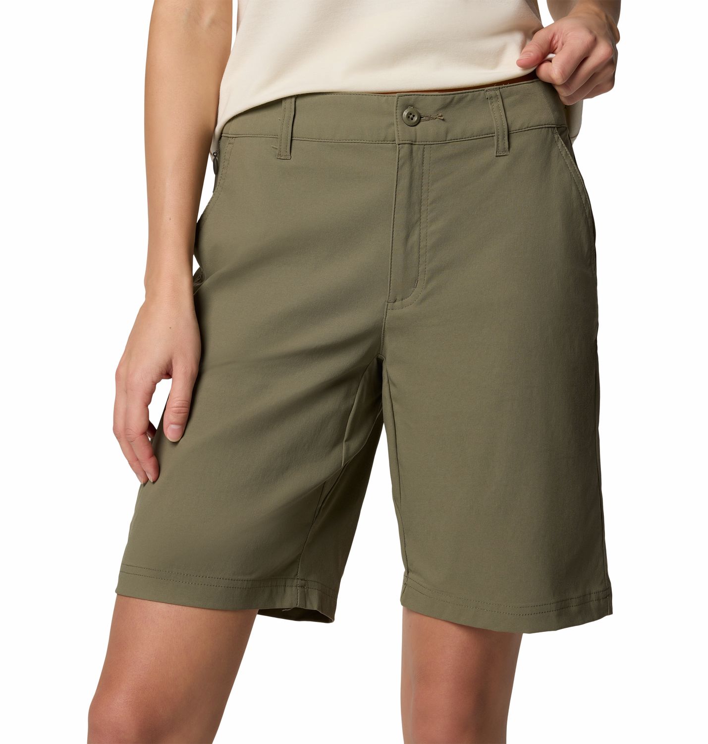 MAIN IMAGE OF COLUMBIA WOMENS LESLIE FALLS™ LONG II SHORT IN STONE GREEN 9&quot; 2 WITH UPF 50