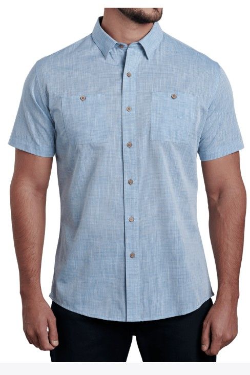 MAIN IMAGE OF KUHL MENS KARIB SHORT SLEEVE SHIRT IN HORIZON BLUE MEDIUM WITH BREATHABLE PERFORMANCE