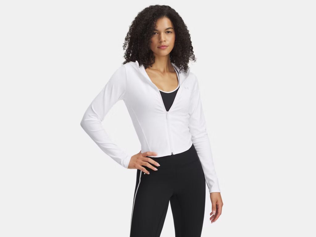 MAIN IMAGE OF UNDER ARMOUR WOMENS MOTION FULL ZIP HOODIE IN WHITE/HALO GRAY XS WITH BREATHABILITY