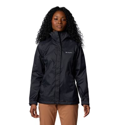 FRONT VIEW OF COLUMBIA WOMENS ARCADIA™ II RAIN JACKET WITH PROTECTIVE HOOD AND WATERPROOF