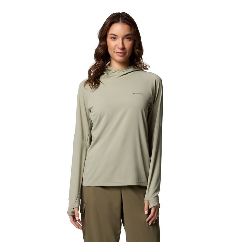 FRONT VIEW OF COLUMBIA WOMENS SKIEN VALLEY™ HOODIE WITH UPF 50 AND KEEPS YOU COOL &amp; DRY