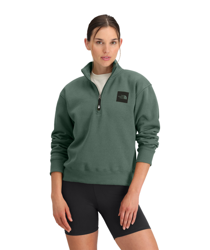 FRONT VIEW OF THE NORTH FACE WOMENS BOX HALF DOME ¼ ZIP SWEATER WITH SOFT FABRIC AND COMFORT