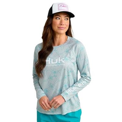 FRONT VIEW OF HUK WOMENS PURSUIT PRINTED CREW LONG SLEEVE SHIRT WITH BREATHABILITY AND UPF 50