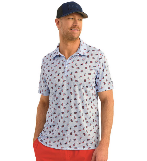 FRONT VIEW OF HUK MENS PURSUIT PRINTED POLO WITH ULTIMATE COMFORT AND SUN PROTECTION