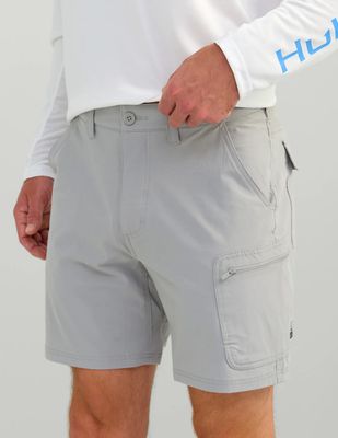 FRONT VIEW OF HUK MENS NEXT LEVEL SHORT WITH STAIN RESISTANCE AND GREAT FOR FISHING