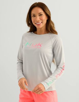 FRONT VIEW OF HUK WOMENS PURSUIT CREW SOLID LONG SLEEVE SHIRT WITH STAIN RESISTANT AND LIGHTWEIGHT