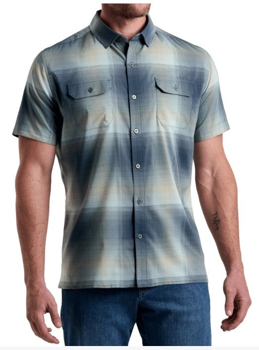 MAIN IMAGE OF KUHL MENS RESPONSE SHORT SLEEVE SHIRT IN BLUE FOG MEDIUM WITH UPF 30 SUN PROTECTION