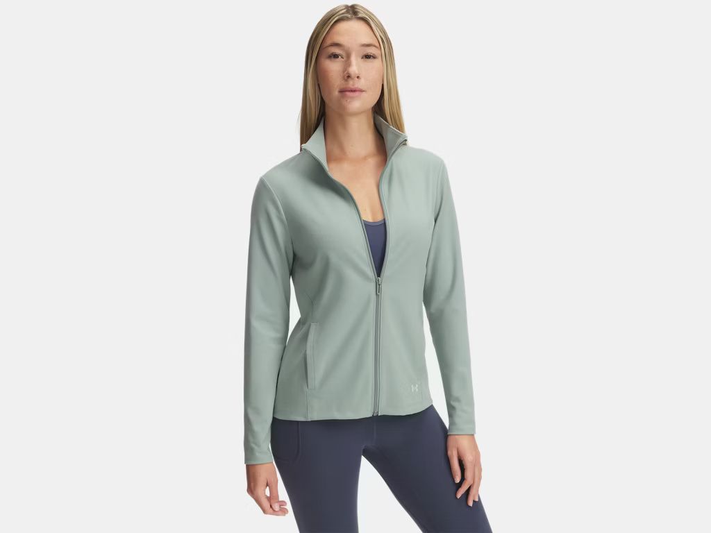 MAIN IMAGE OF UNDER ARMOUR WOMENS UA MOTION FULL ZIP SWEATER IN SILICA GREEN/HYDRO GREEN XS