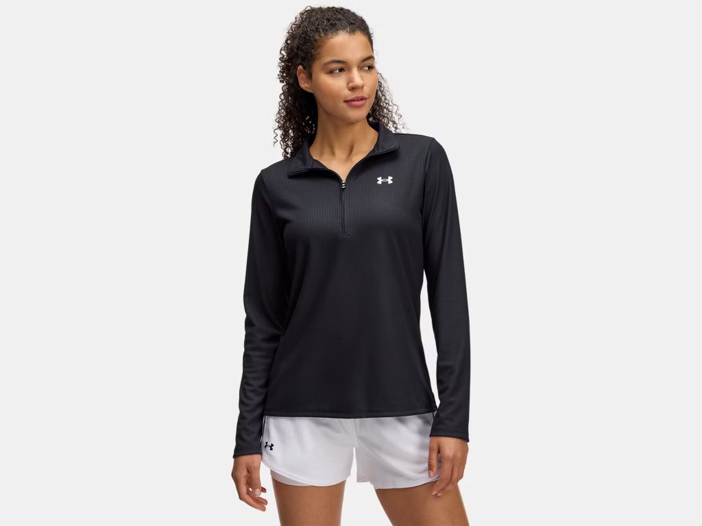 MAIN IMAGE OF UNDER ARMOUR WOMENS TECH RIB 1/2 ZIP SWEATER IN BLACK/WHITE XS WITH FAST-DRYING